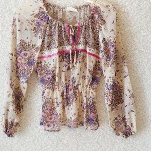 Vintage Leo New York  Purple Floral Print V Neck Elastic Waist Top Small